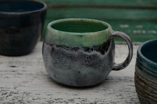5 oz ceramic glazed art coffee cup in gley and turquoise color - MADEheart.com