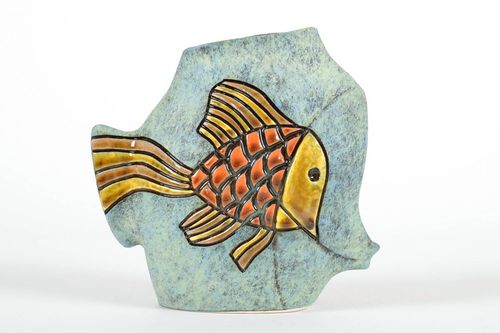 7 inches tall square ceramic vase with Gold fish painting great gift for fisherman 1,25 lb - MADEheart.com