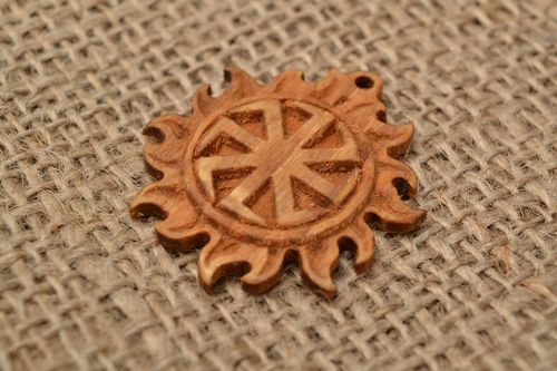 Handmade Slavic protective amulet natural wooden carved pendant Kolovrat - MADEheart.com
