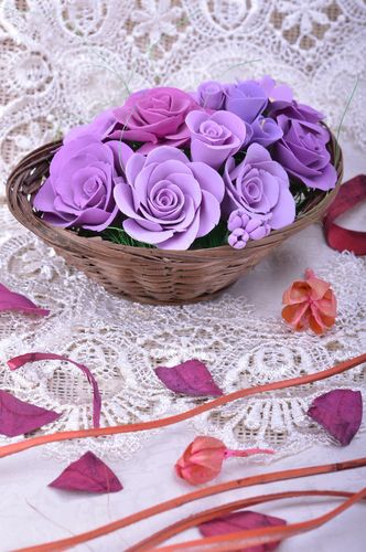 Handmade woven basket with decorative polymer clay flowers Lilac Roses - MADEheart.com