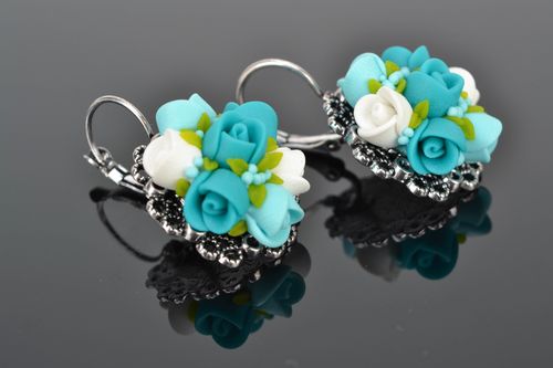 Unusual polymer clay flower earrings Turquoise - MADEheart.com