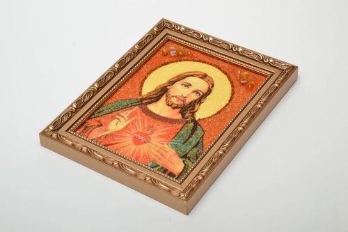 Reproduction of Catholic icon of Jesus Christ decorated with amber - MADEheart.com