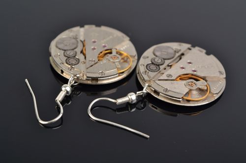Handmade designer round metal earrings in steampunk style with clock mechanism  - MADEheart.com
