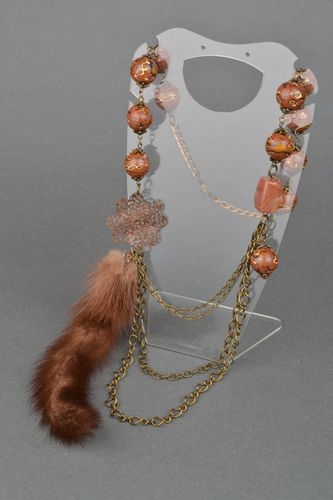 Bead necklace with natural stone and mink fur - MADEheart.com
