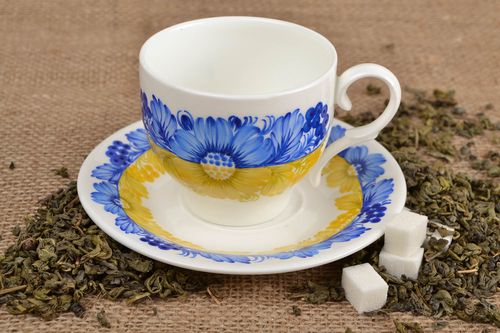 Elegant porcelain teacup in Ukrainian flag colors - yellow and blue - MADEheart.com