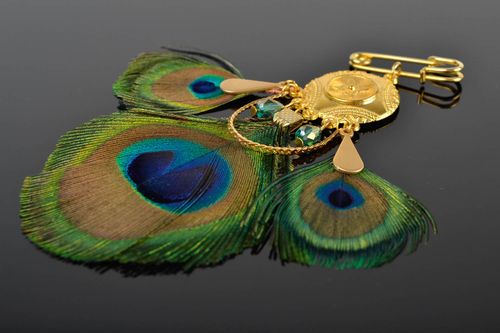 Handmade peacock feather brooch designer unique bijouterie present for woman - MADEheart.com