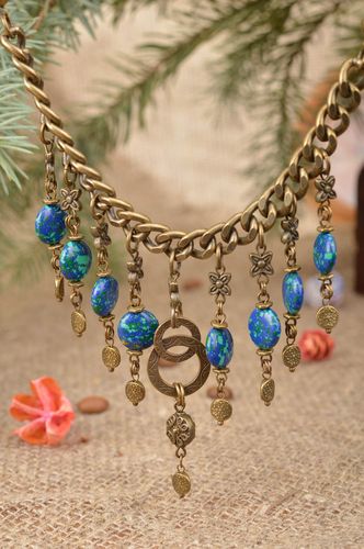 Handmade metal jewelry set with blue beads necklace and dangle earrings - MADEheart.com