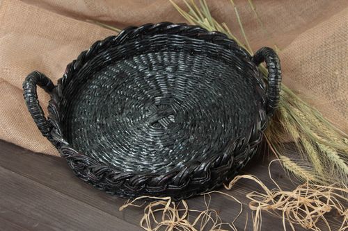 Handmade black round fruit tray with handles woven of newspaper tubes  - MADEheart.com