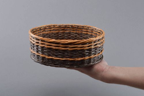Handmade round brown decorative basket woven of paper rod for interior  - MADEheart.com