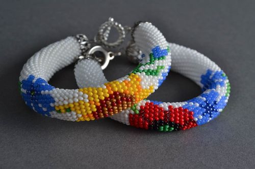 Female set of handmade beaded cord bracelets with flowers 2 pieces - MADEheart.com