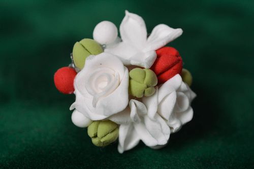 Handmade flower polymer clay ring on a metal basis designers style - MADEheart.com