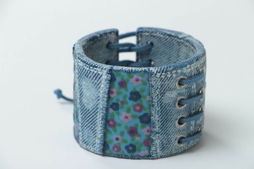 Handmade designer wide polymer clay womans wrist bracelet with denim fabric - MADEheart.com