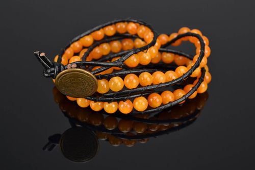 Orange leather beaded bracelet in three rows - MADEheart.com