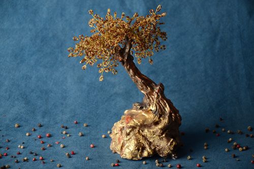 Handmade decorative beaded happiness tree painted with acrylics of golden color - MADEheart.com