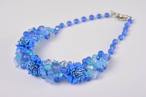 Handmade designer deep blue polymer clay necklace with plastic and glass beads - MADEheart.com