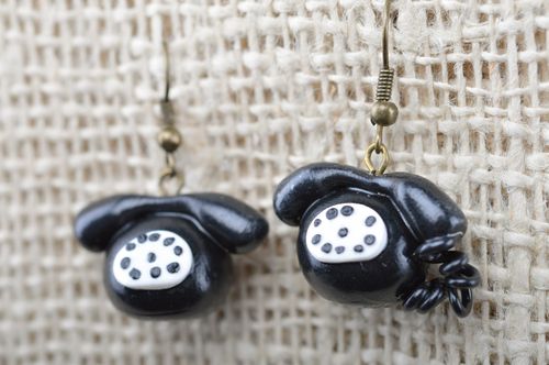 Black and white handmade plastic dangle earrings with charms in the shape of phones - MADEheart.com