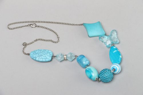 Handmade long womens necklace with plastic and Czech beads of turquoise color - MADEheart.com