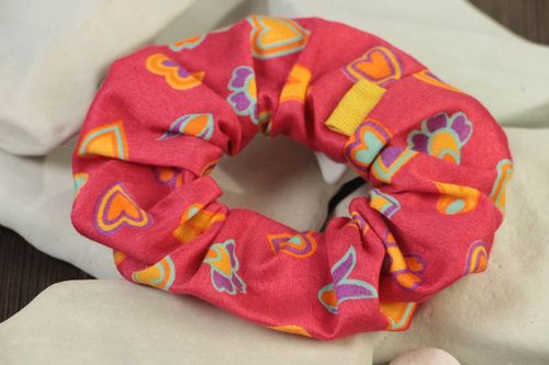 Handmade decorative bright colorful fabric hair tie with hearts pattern - MADEheart.com