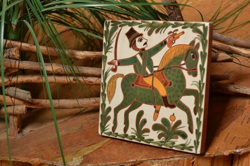 Handmade decorative clay tile painted with engobes beautiful square wall panel - MADEheart.com
