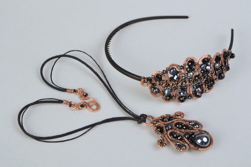 Handmade jewelry set wire wrap copper pendant and headband with fresh-water pearls - MADEheart.com