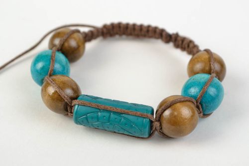 Handmade womens woven cotton cord wrist bracelet with wooden beads - MADEheart.com