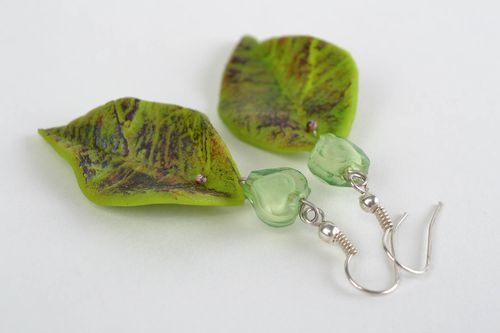 Large handmade green polymer clay earrings in the shape of leaves - MADEheart.com