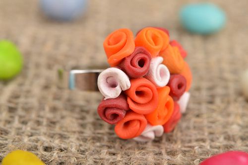 Handmade unusual ring made of polymer clay in form of bouquet of orange roses - MADEheart.com