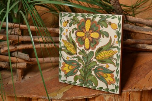 Handmade designer ceramic facing panel with green and yellow floral ornament  - MADEheart.com