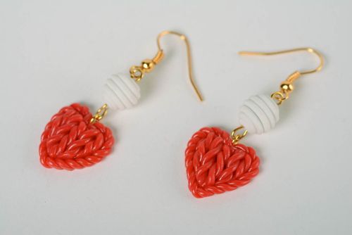 Polymer clay handmade earrings with knitted pattern Red Hearts stylish jewelry - MADEheart.com