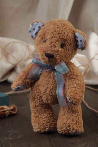 Handmade designer soft toy beige bear with blue bow for children - MADEheart.com