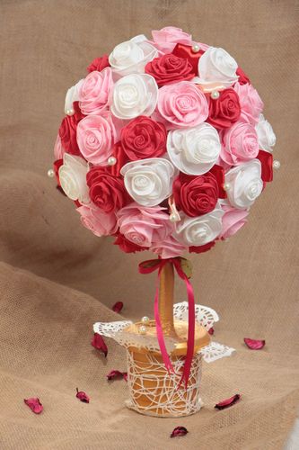 Handmade designer red pink and white topiary tree with satin ribbons and napkins - MADEheart.com