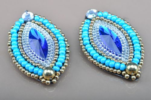 Handmade large stud earrings with beads and stones in blue color palette - MADEheart.com