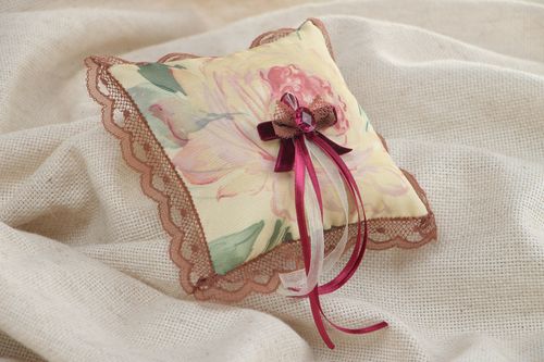 Vintage handmade floral wedding ring pillow with lace and violet ribbons - MADEheart.com