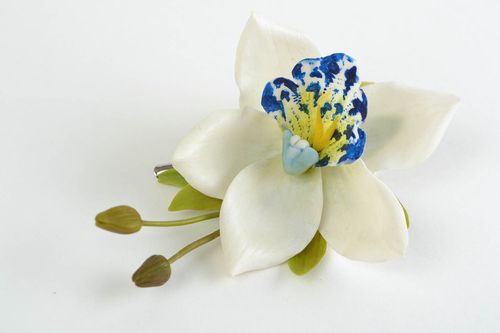 Handmade volume white hairpin-brooch made of cold porcelain tender Orchid - MADEheart.com