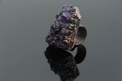Massive handmade designer open type copper ring with natural amethyst stone - MADEheart.com