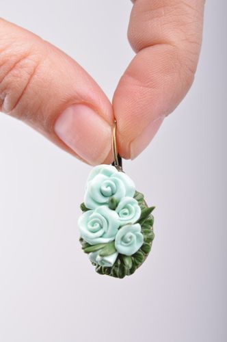 Elegant handmade polymer clay flower earrings of mint color - MADEheart.com