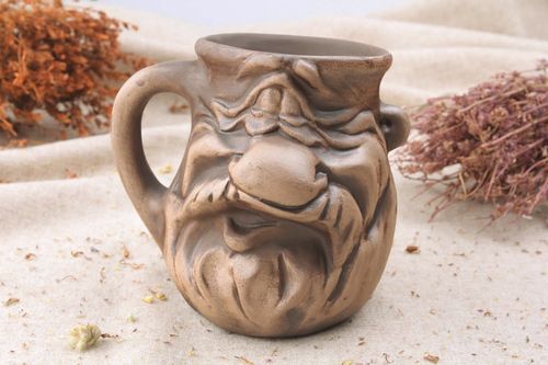 Custom ceramic coffee cup in the shape of old man face with handle in light-brown color 1 lb - MADEheart.com