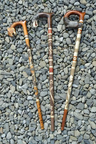 Set of 3 handmade art carved wooden walking sticks with animal heads handles - MADEheart.com
