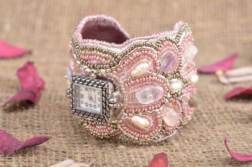 Pink handmade designer unusual wrist watch made of beads on leather basis - MADEheart.com
