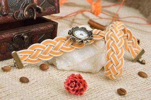 Beautiful watch with double wrap woven strap of yellow color - MADEheart.com