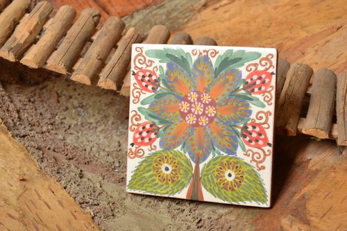 Handmade decorative ceramic tile painted with engobes with colorful flower image - MADEheart.com