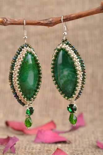Handmade designer womens long beaded earrings with green agate - MADEheart.com