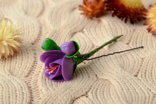 Handmade tender decorative hair pin with cold porcelain violet flower  - MADEheart.com