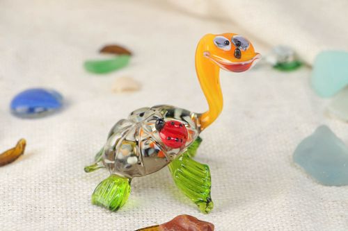 Handmade collectible miniature lampwork glass animal figurine of colorful turtle - MADEheart.com
