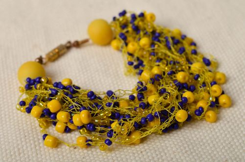 Yellow and blue beads bracelet on the thin yellow cord for women - MADEheart.com