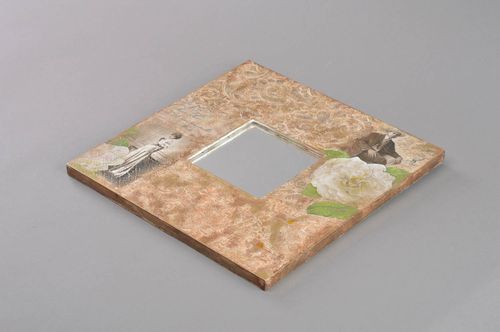 Beautiful handmade square decoupage mirror in brown wooden frame - MADEheart.com