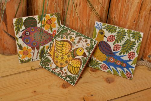 Set of 3 handmade bright decorative ceramic tiles painted with engobes Birds - MADEheart.com