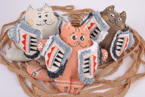 Set of 3 handmade painted with acrylics fragrant soft toys cats in vests - MADEheart.com