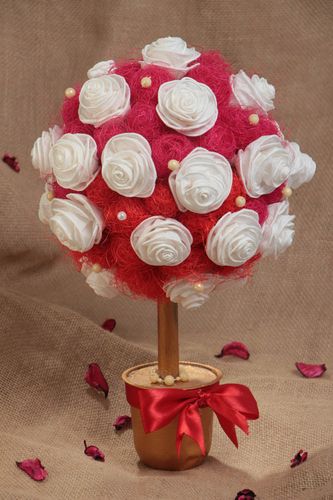 Handmade designer red and white decorative topiary tree with sisal and beads  - MADEheart.com