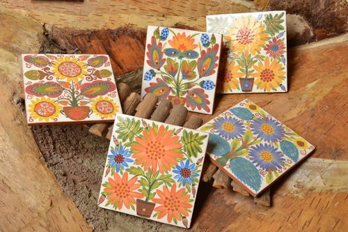 Tiles for fireplace and wall decor set of 5 small square handmade panels - MADEheart.com
